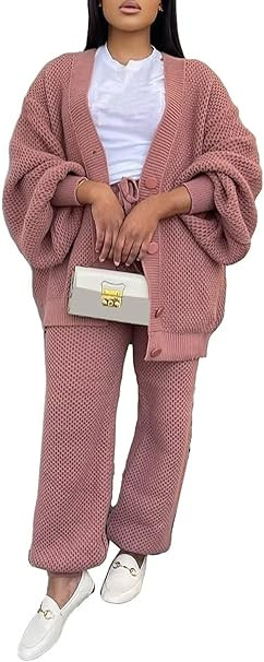 LROSEY Women 2 Piece Lounge Sets Outfits Oversized Button Down Cardigan Sweaters Set Cable Knit S... | Amazon (US)