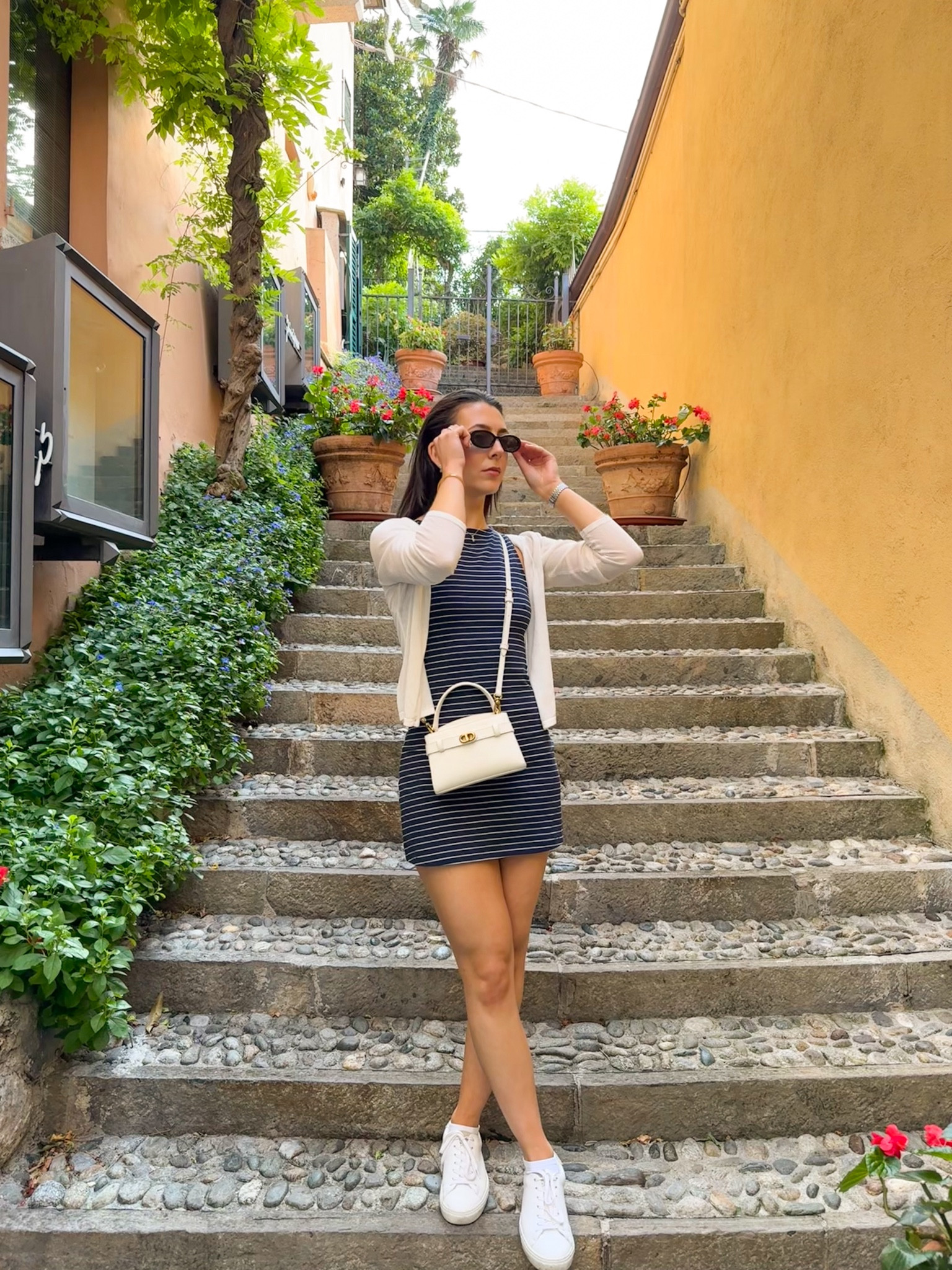 Navy dress, striped dress, Cotton On, white cardigan, white trainers, Italy outfit, Lake Como outfit, mini dress, white bag 

#LTKeurope #LTKshoes #LTKstyletip