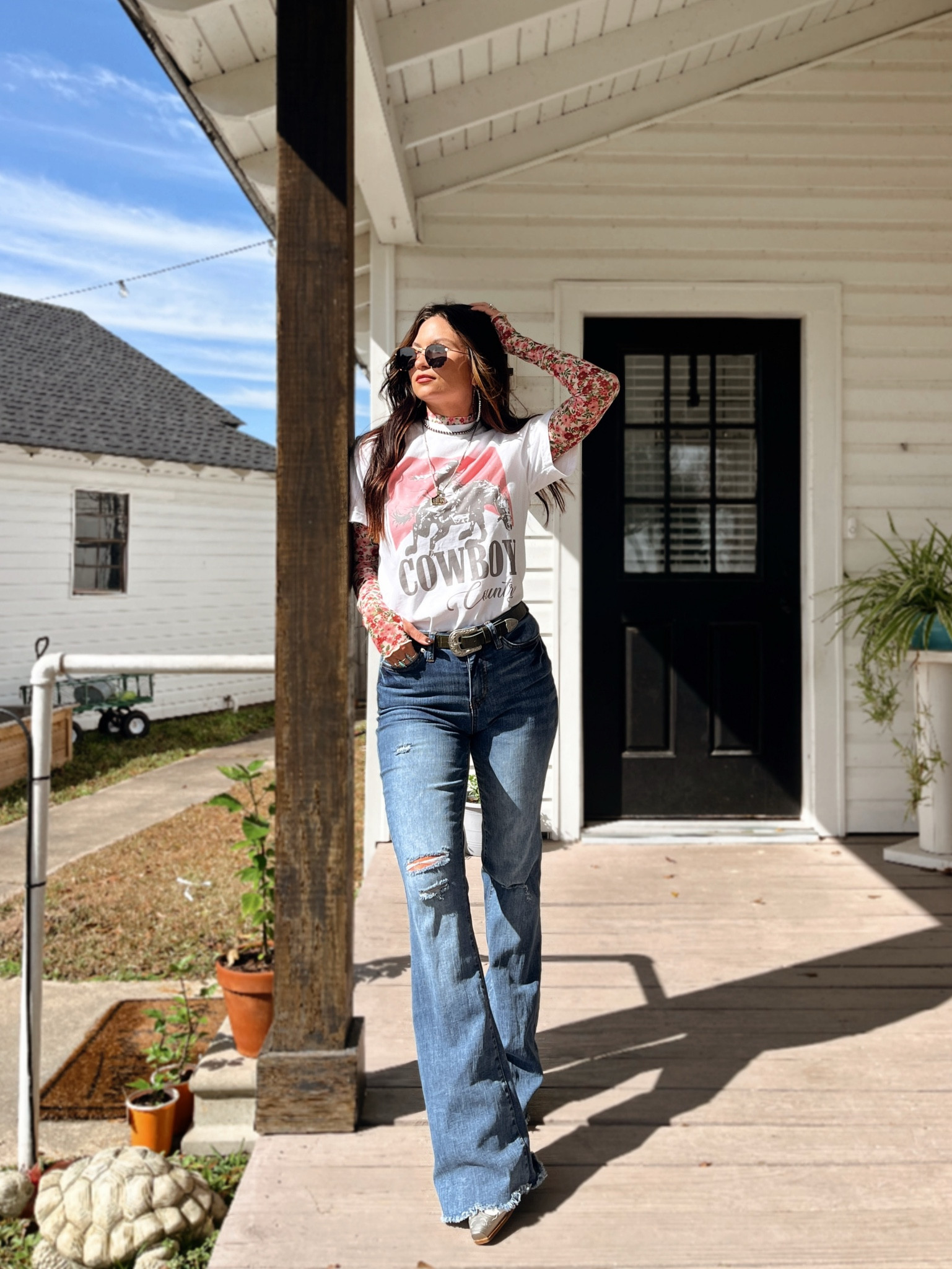 Stretchy flare denim paired with western graphic tee and long sleeve floral mesh top! Code LORI20 to save on this outfit 

#LTKSeasonal #LTKFindsUnder50 #LTKStyleTip