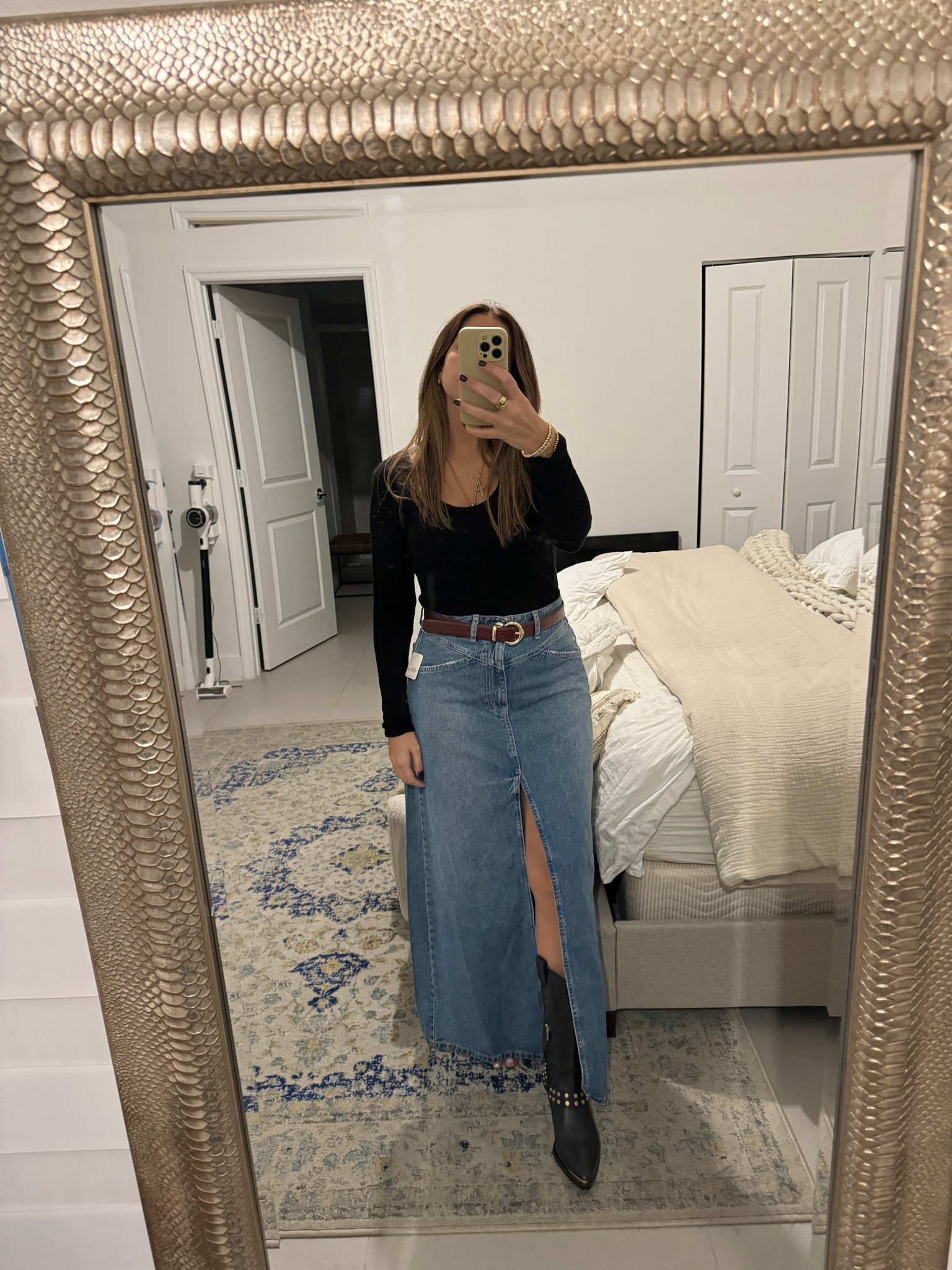 Nothing like the right denim maxi skirt. Purchased this one for a Tennessee trip but it has quickly become a staple item in my closet. Love the fit. Especially with these boots! Western meets bike 😎

#LTKSeasonal #LTKSaleAlert #LTKOver40