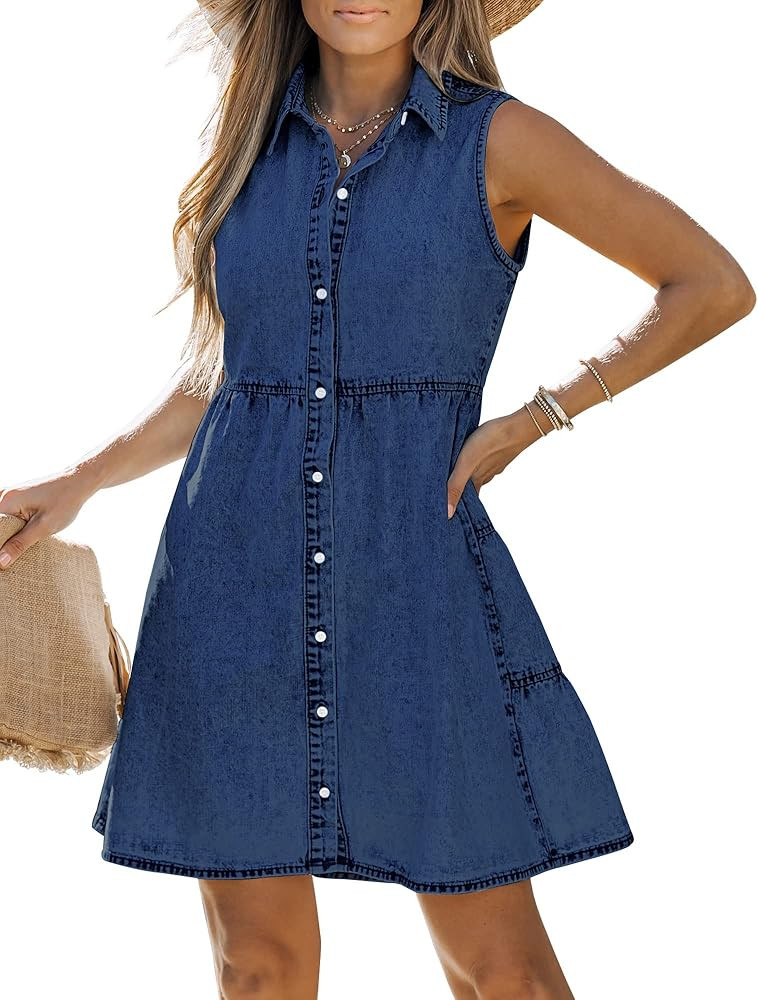 LookbookStore Denim Dress for Women Sleeveless Babydoll Button Down Short Jean Dresses Cute Summe... | Amazon (US)
