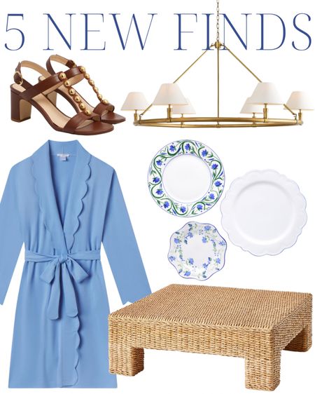 5 new finds! scalloped robe, pima robe, Lake pajamas, blue and white, grandmillennial home, grandmillennial style, brass chandelier, woven coffee table, rattan coffee table, leather heels, Tuckernuck, spring style, spring outfit, OOTD, classic style, coastal style, Nancy Meyers, traditional style, southern style, southern charm, southern living, southern home, preppy style, preppy home