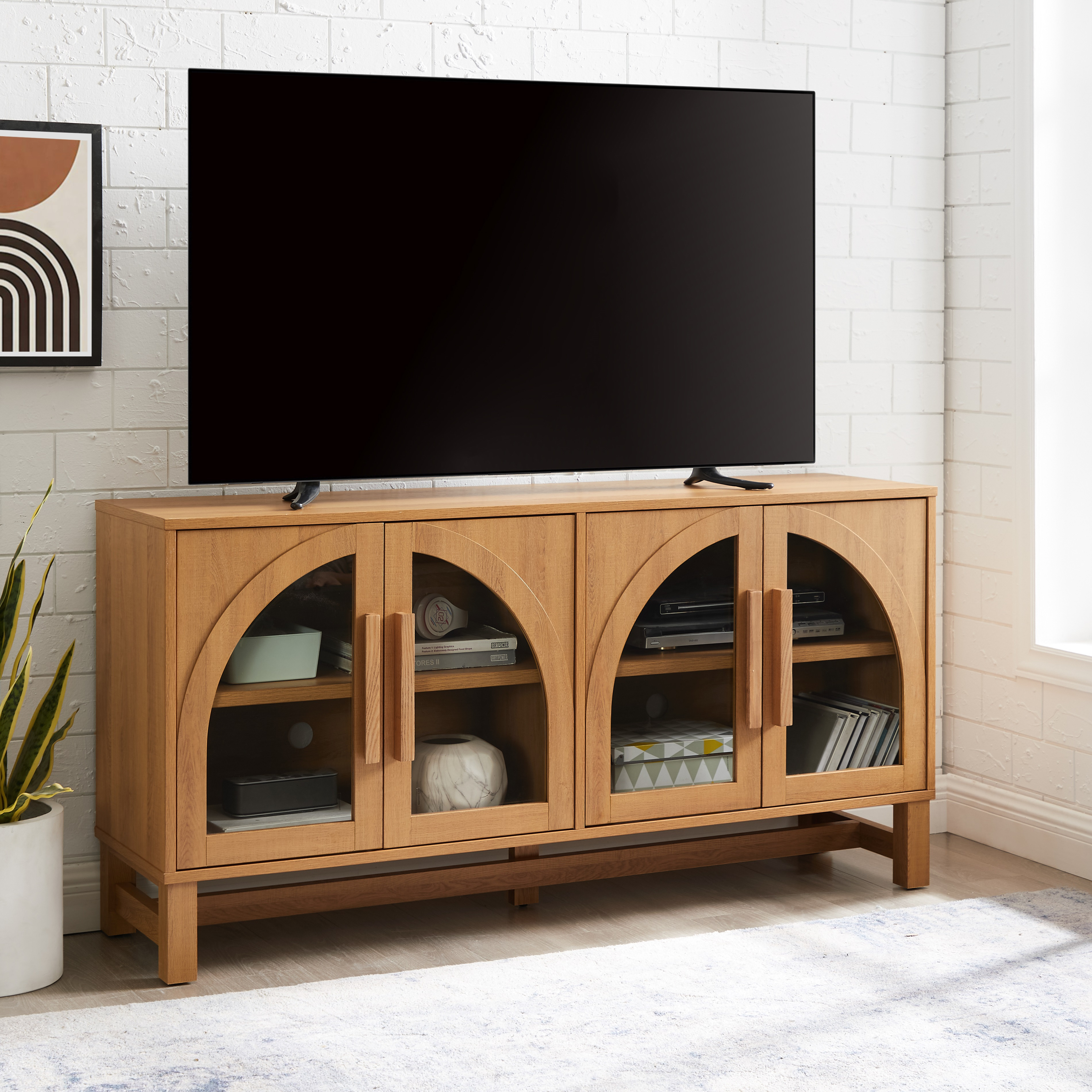 Better Homes & Gardens Juliet Arc TV Stand for TVs up to 65",  Light Honey Finish - Walmart.com | Walmart (US)