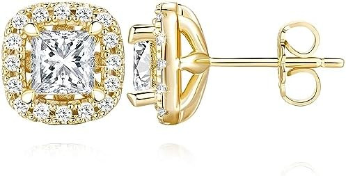 14K Gold Earrings, 14K Gold Stud Earrings for Women Hypoallergenic Cushion-shaped Small Cubic Zir... | Amazon (US)