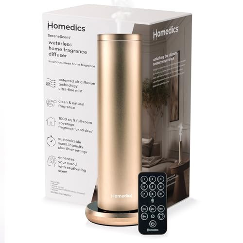 Homedics SereneScent Waterless Essential Oil Diffuser, Home Fragrance Scent Diffuser for Large Rooms, No Water Needed, Patented Air Diffusion Technology, Oil Sold Separately, Champagne | Amazon (US)
