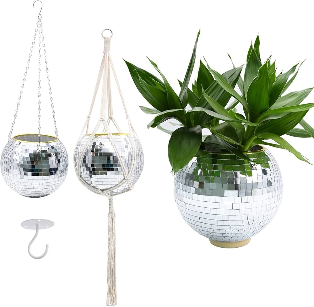 RUBY.Q 8" Disco Ball Planter, Silver Disco Planter, Disco Ball Plant Hanger with Hanging Rope, Ha... | Amazon (US)