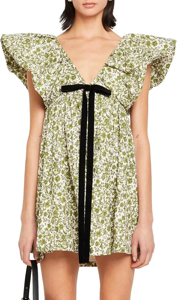 hibshaby Women's Floral Print Mini Dress V Neck Puff Sleeve Dress Short Babydoll Bow Dress | Amazon (US)