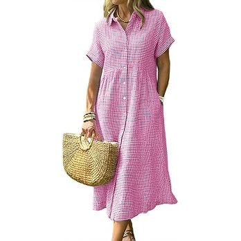 chouyatou Women's Casual Plaid Button Down Shirt Dress Boho Short Sleeve Gingham Midi Long Tunic ... | Amazon (US)