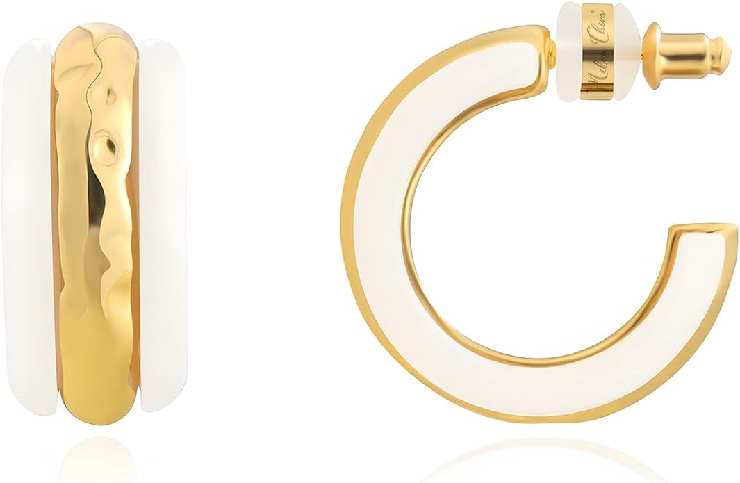 Milan Chiva 14K Gold Plated Chunky Open Hoops for Women Thick Post Huggie Earrings Statement Jewe... | Amazon (US)