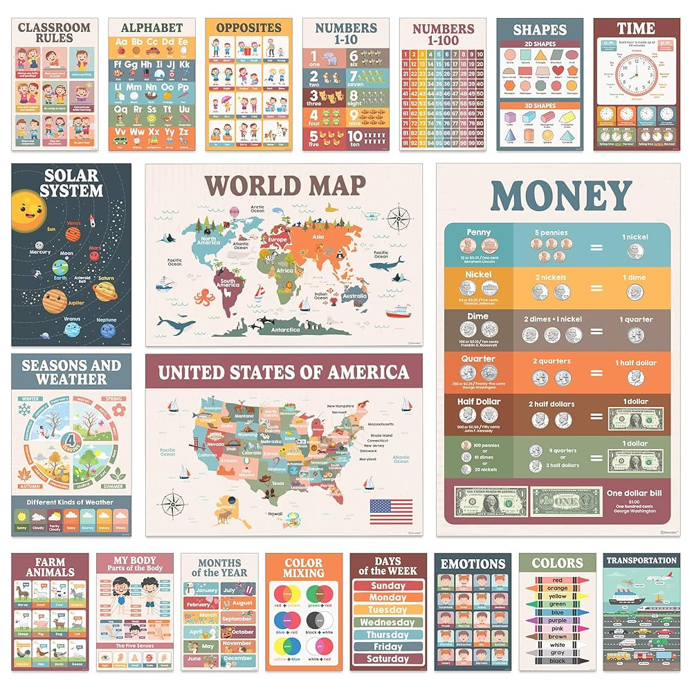 Decorably 20 Boho Educational Posters for Kindergarten, 11x17in Matte-Laminated Educational Poste... | Amazon (US)