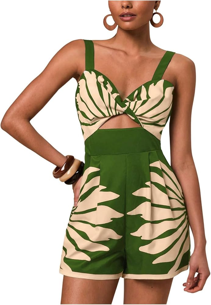 SweatyRocks Women's Cut Out Twist V Neck Romper Sleeveless High Waisted Boho Shorts Jumpsuit | Amazon (US)