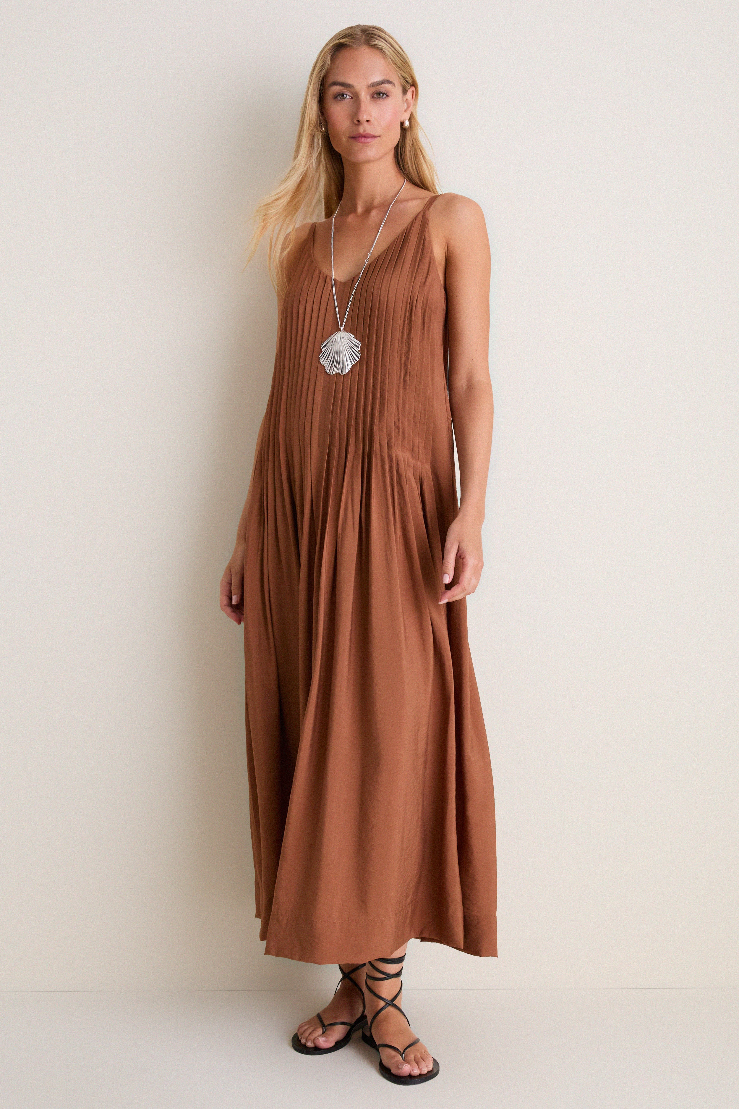 Chocolate V Neck Pleated Front Detail Maxi Dress | Tuckernuck (US)