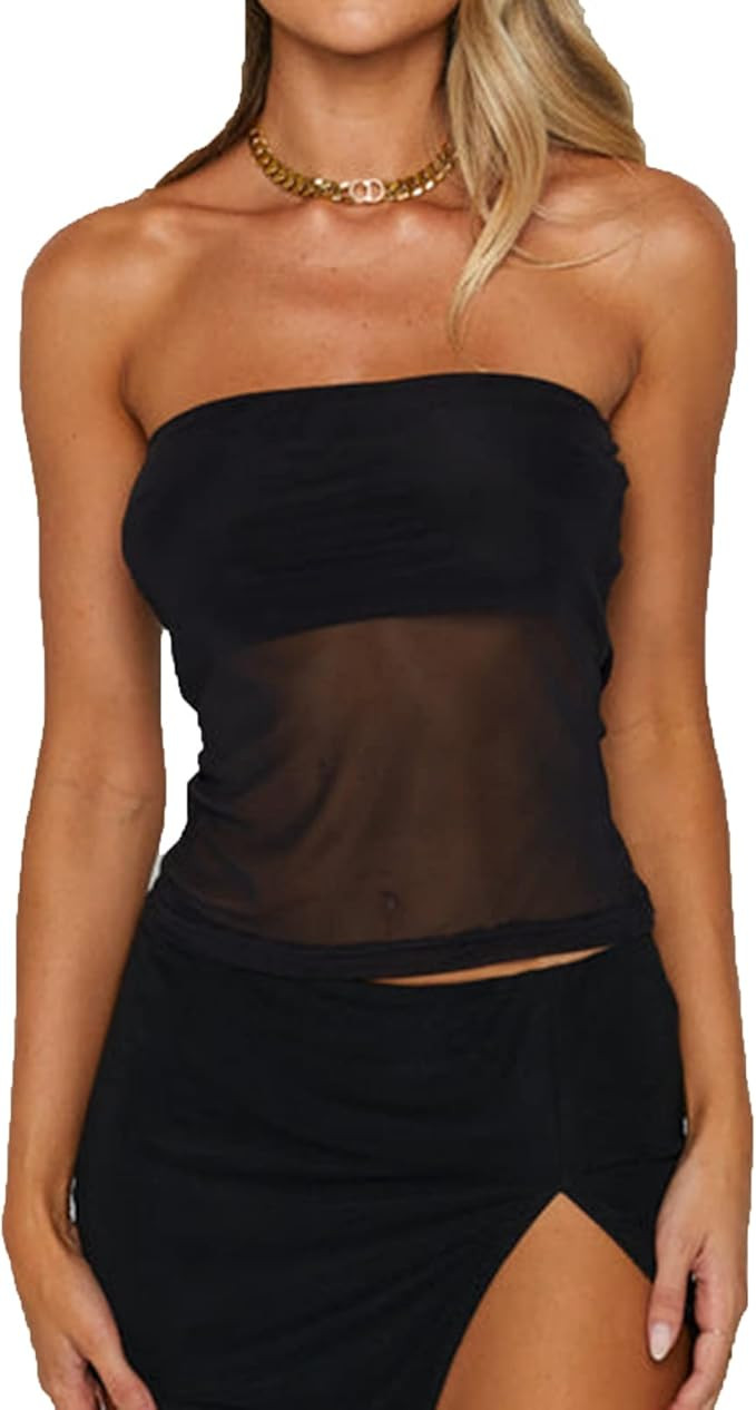 ICNGLKSND Women’s Strapless Lace Tube Tops Y2K Sheer Mesh Bandeau Crop Tanks Top Summer Sexy Ca... | Amazon (US)