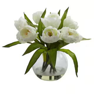 Nearly Natural 11 in. Artificial Tulips Arrangement with Vase 4535-WH - The Home Depot | The Home Depot