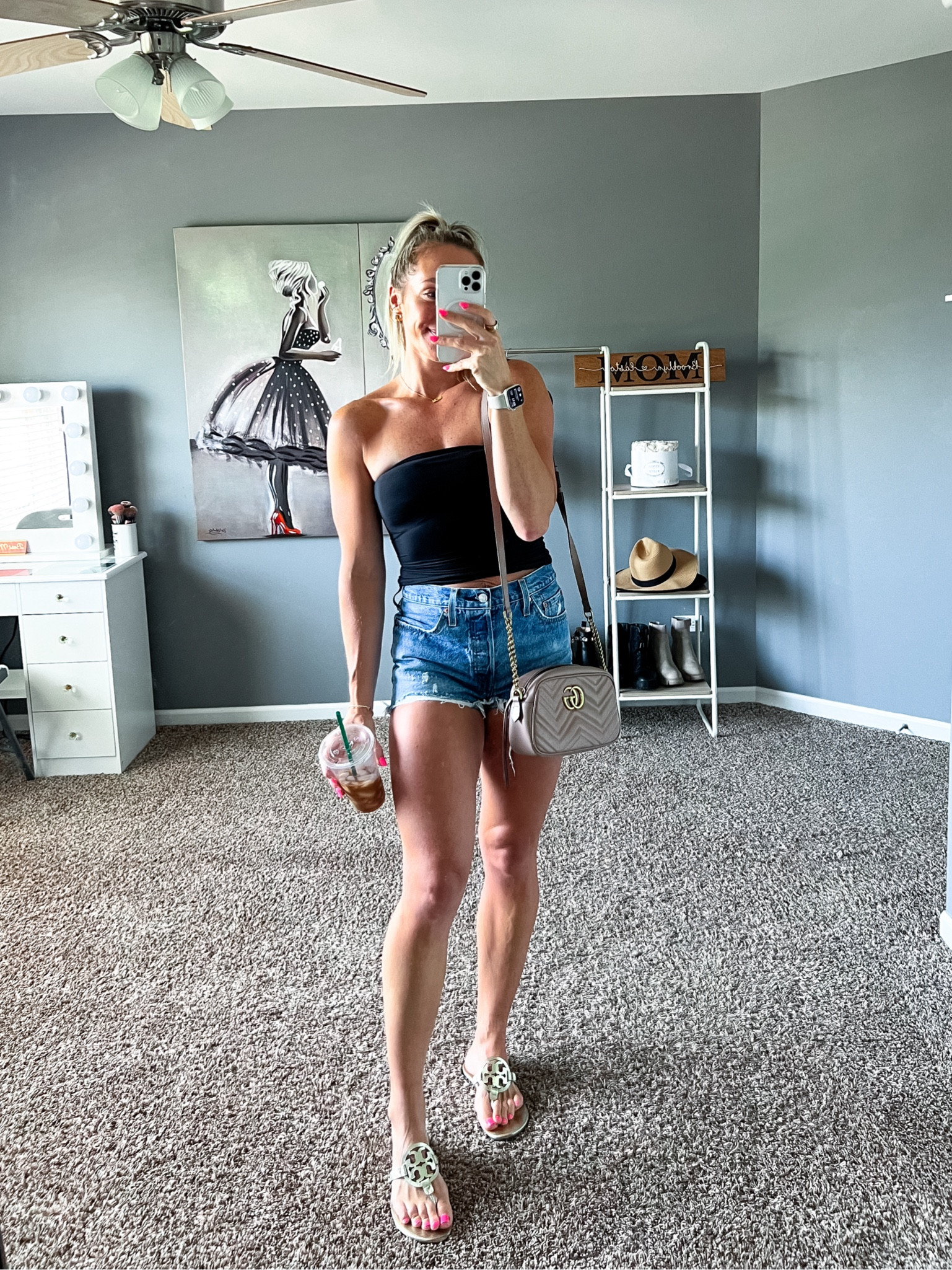 Cute casual outfit for a coffee date! Outfit for running errands, Amazon fashion, Amazon tops, Jean shorts, denim shorts. Tube top, black top, black tank, Levi shorts, sandals, beach vacation outfit, travel outfit, Gucci purse, mom on the go, easy outfit

#LTKFindsUnder50 #LTKCon #LTKStyleTip