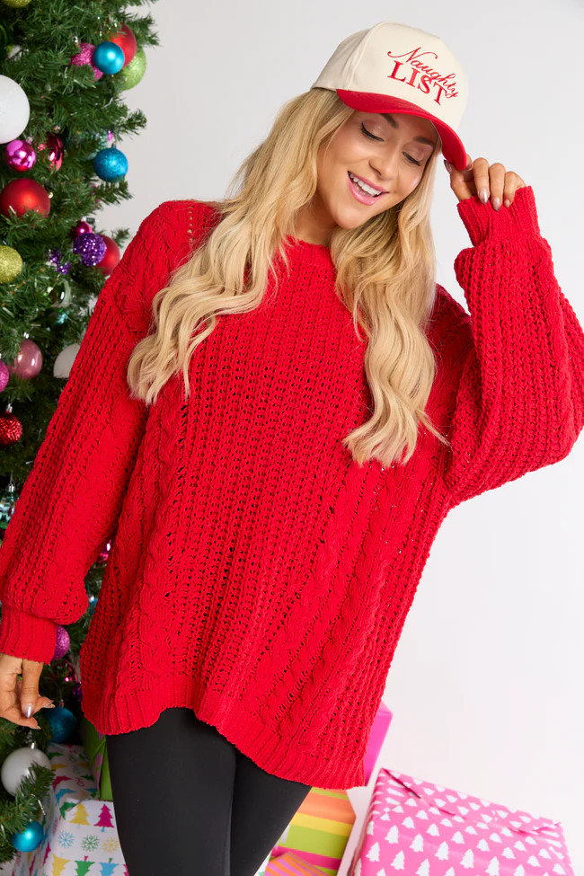 Ashten Red Chenille Cable Knit Oversized Sweater DOORBUSTER | Pink Lily