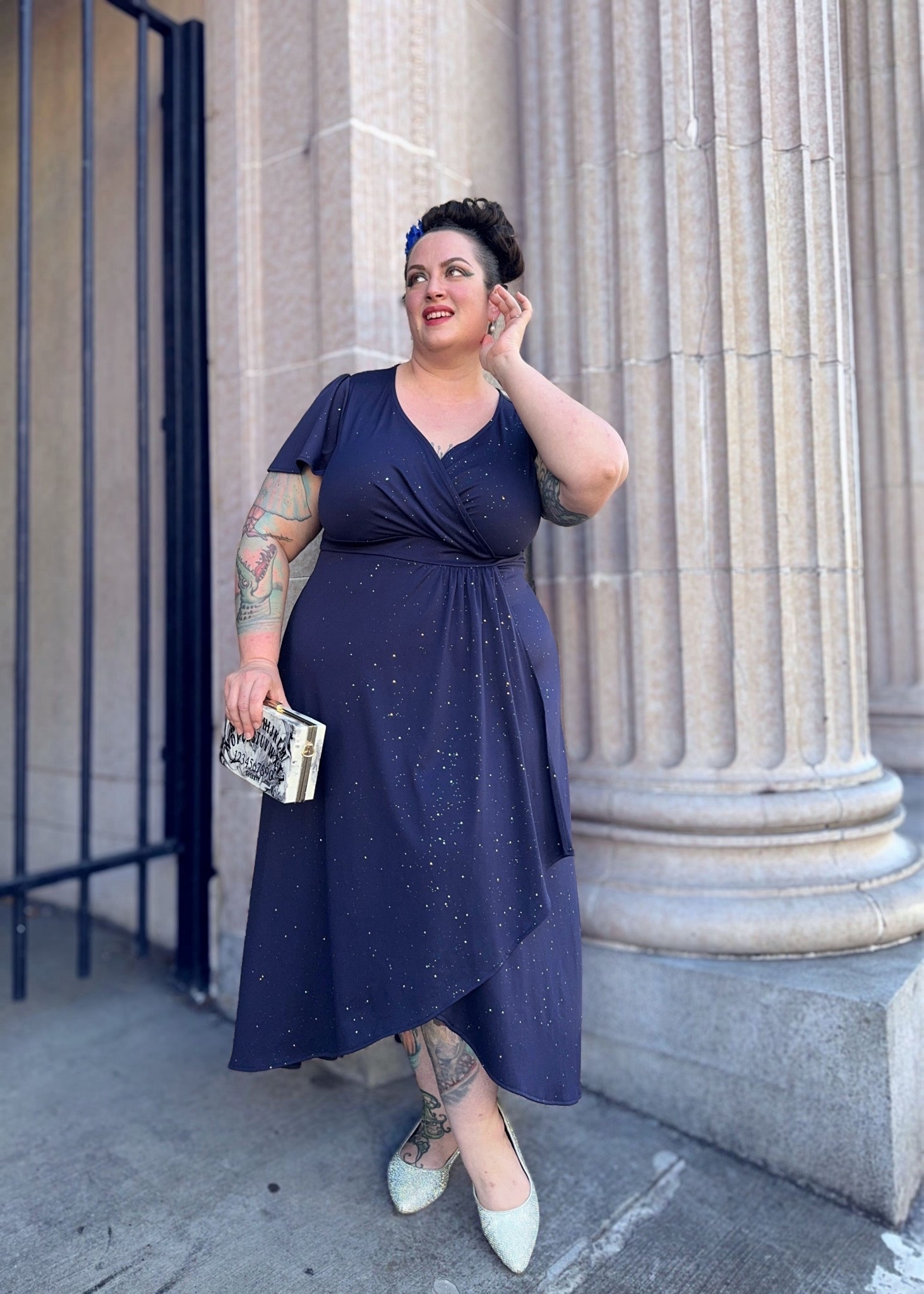 Navy blue hi-low hem faux wrap formal dress with glitter 

#LTKPlusSize #LTKFindsUnder100 #LTKWedding