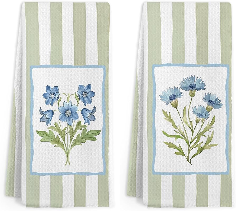 Preppy Floral Flower Kitchen Towels, White and Green Botanical Hand Towels Set of 2, Cottagecore ... | Amazon (US)