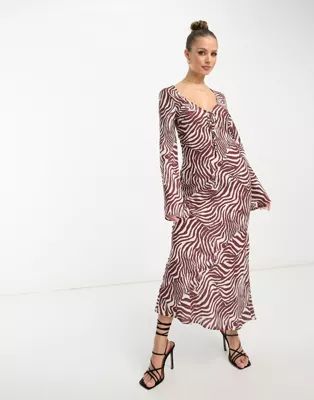 ASOS DESIGN tie front long sleeve midi dress in zebra print | ASOS (Global)