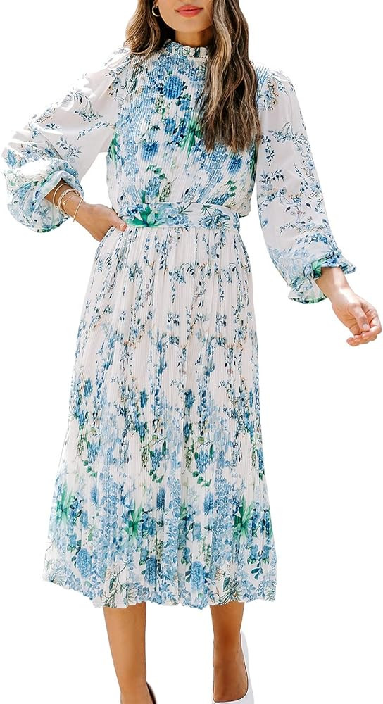 ANRABESS Women's Floral Midi Dress Puff Long Sleeve Ruffle Trim Smocked A-line Pleated Swing Chif... | Amazon (US)