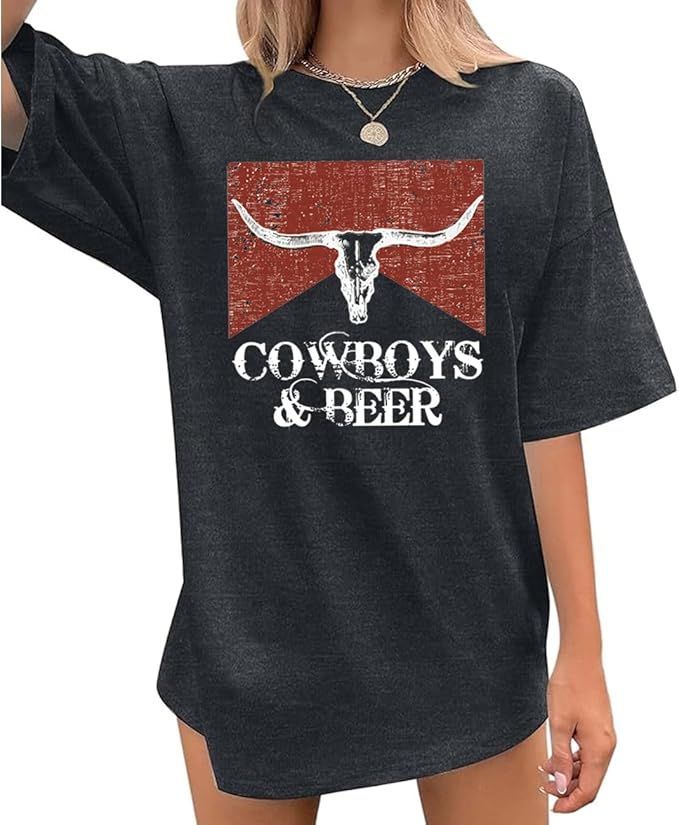 Women Oversized Cowboy and Beer T-Shirt Vintage Cow Skull Western Rodeo Shirt Country Music Conce... | Amazon (US)