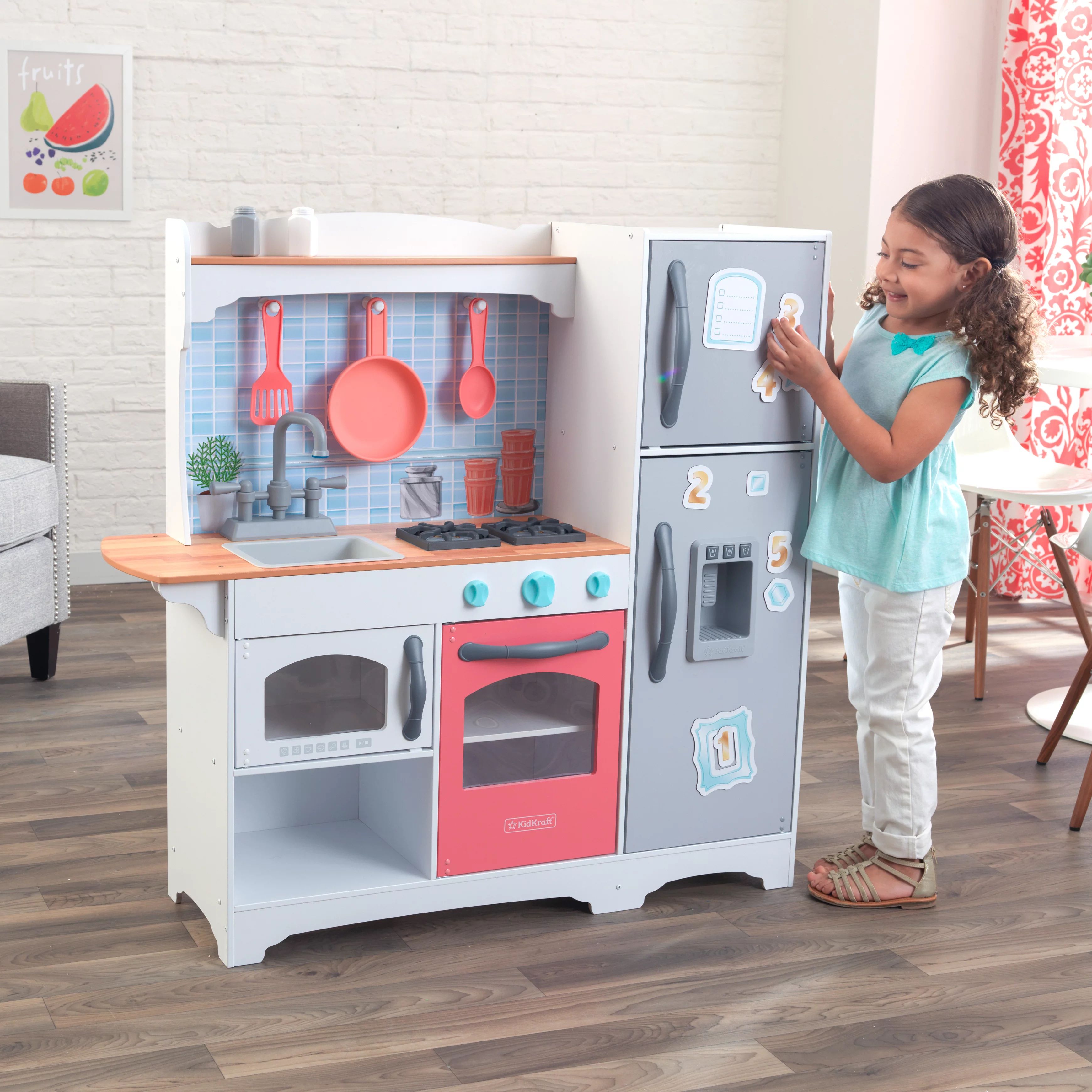 KidKraft Mosaic Magnetic Play Kitchen with 9 Piece Accessory Play Set - Coral | Walmart (US)