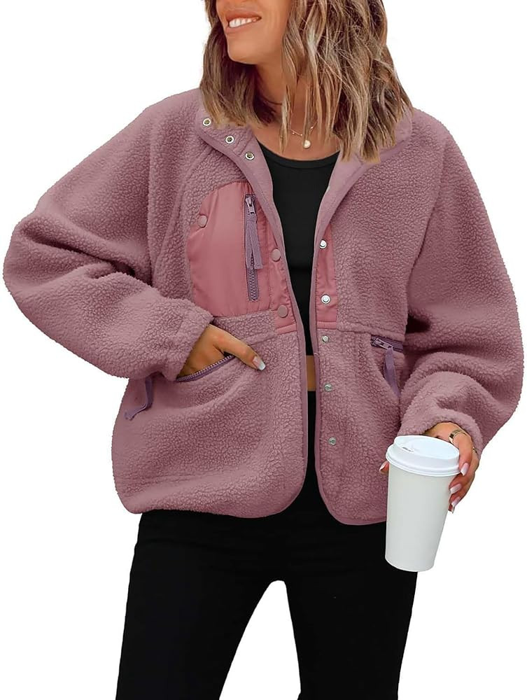 ReachMe Womens Sherpa Jacket Casual Lapel Button Down Cropped Fuzzy Fleece Jackets Long Sleeve Wi... | Amazon (US)