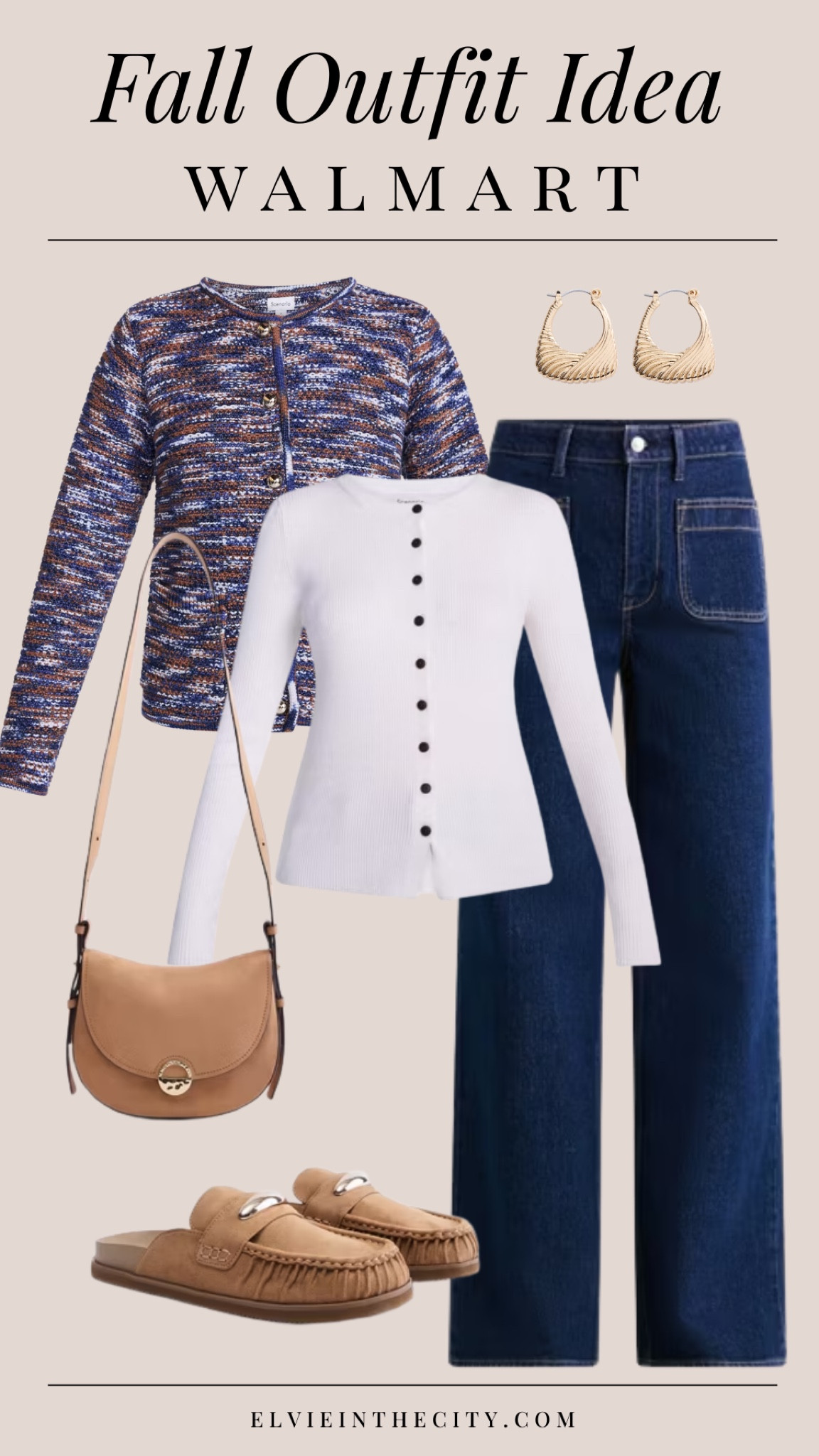 Walmart fall outfit idea includes wide leg pocket front jeans paired with a white button down tee, colorful cardigan sweater, camel colored purse and slip on moccasins, and gold earrings.

Ootd, fall outfit, walmart fashion, affordable fashion, fashion over 40 over 50 style

#LTKOver40 #LTKootd