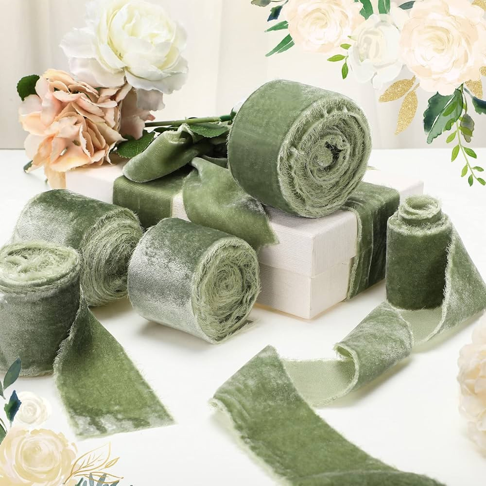 Amazon.com: 6 Roll Sage Green Velvet Ribbon, 2 Inch x 18 Yd Frayed Silk Velvet Ribbon Fringe Ribb... | Amazon (US)