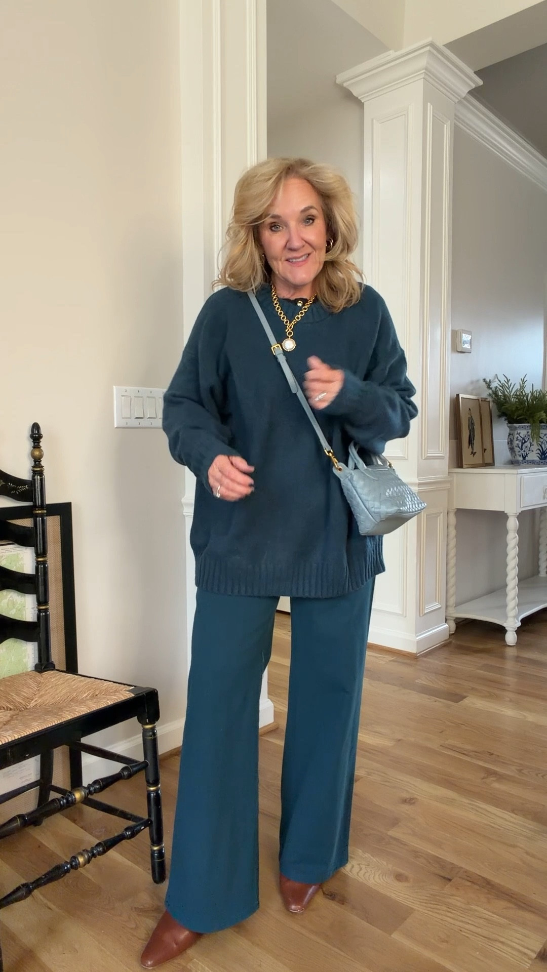 Size medium sweater 
Size 6 reg in twill Palmer pants 
Size up in boots 1/2 
35% off Allie Bess jewelry code NANETTE35 through the end of the year 

#LTKSaleAlert #LTKOver40 #LTKootd