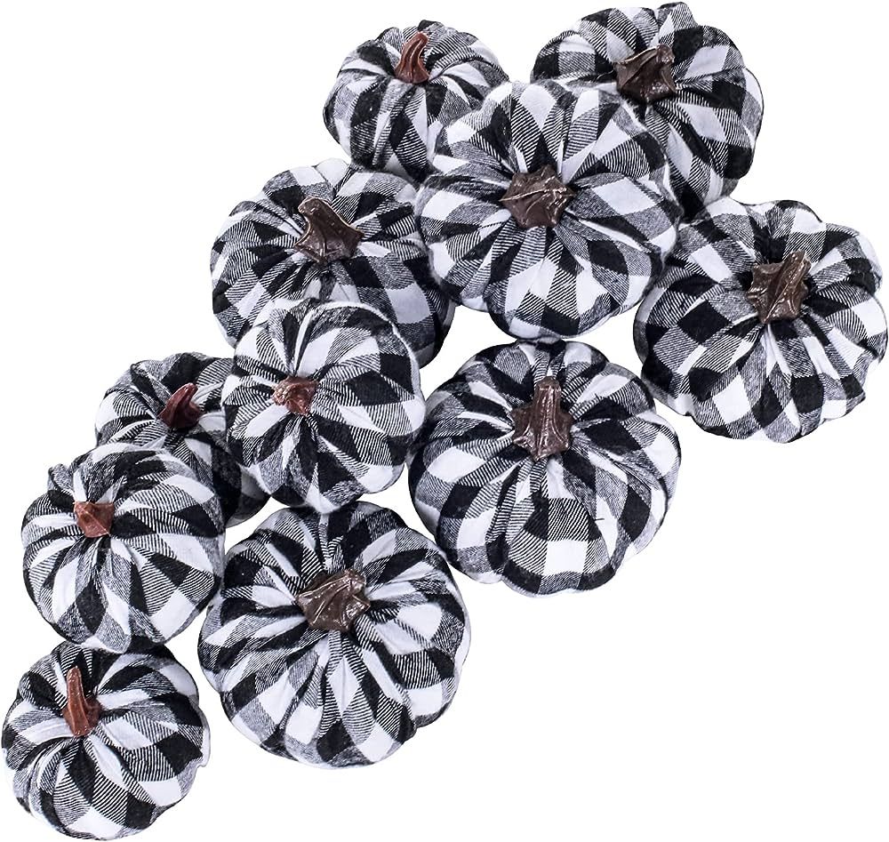 Set of 12 Small Faux Harvest Decorative Fabric Pumpkins Foam Pumpkins in Black & White Buffalo Ch... | Amazon (US)