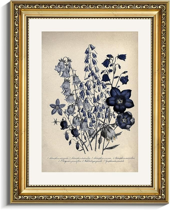 VIYYIEA Gold Framed Botanical Wall Art Decor, Living Room Bedroom Blue Campanula Pictures Wall De... | Amazon (US)