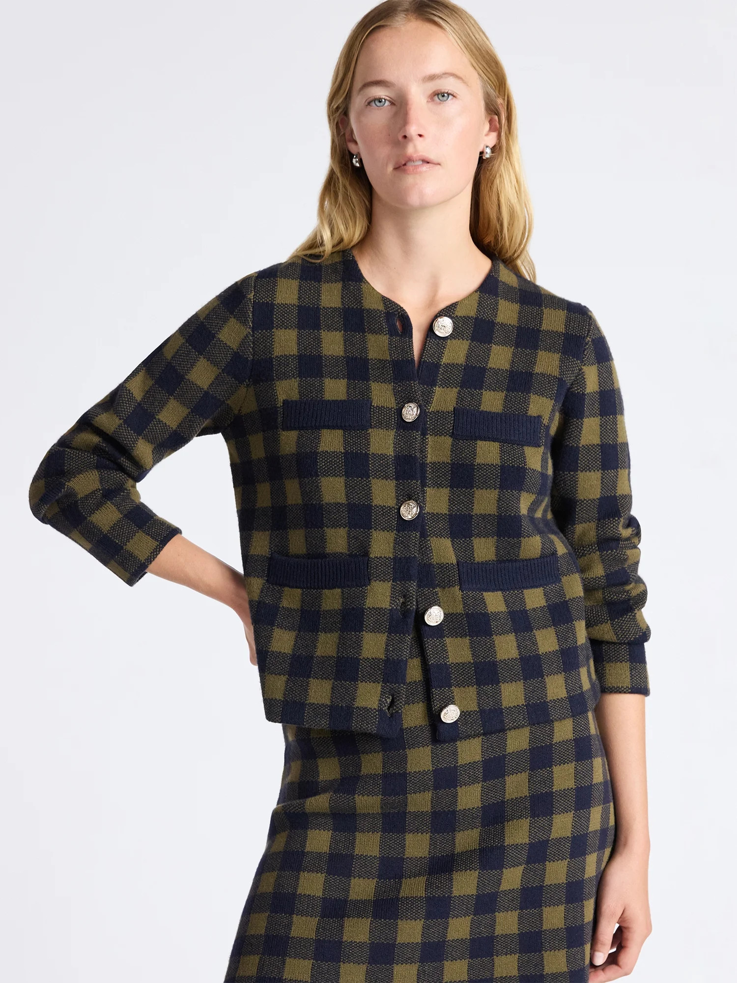 Free Assembly Women's Plaid Cardigan Sweater with Double Welt Pockets, Midweight, Sizes XS-XXL | Walmart (US)