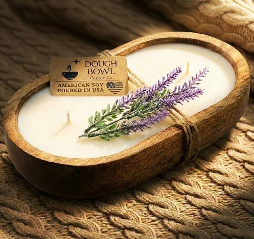 Dough Bowl Candle Co. Wooden Bowl Candle - 20 Oz. 10x6x2 3-Wick Large Lavender Soy Candles for Ho... | Amazon (US)
