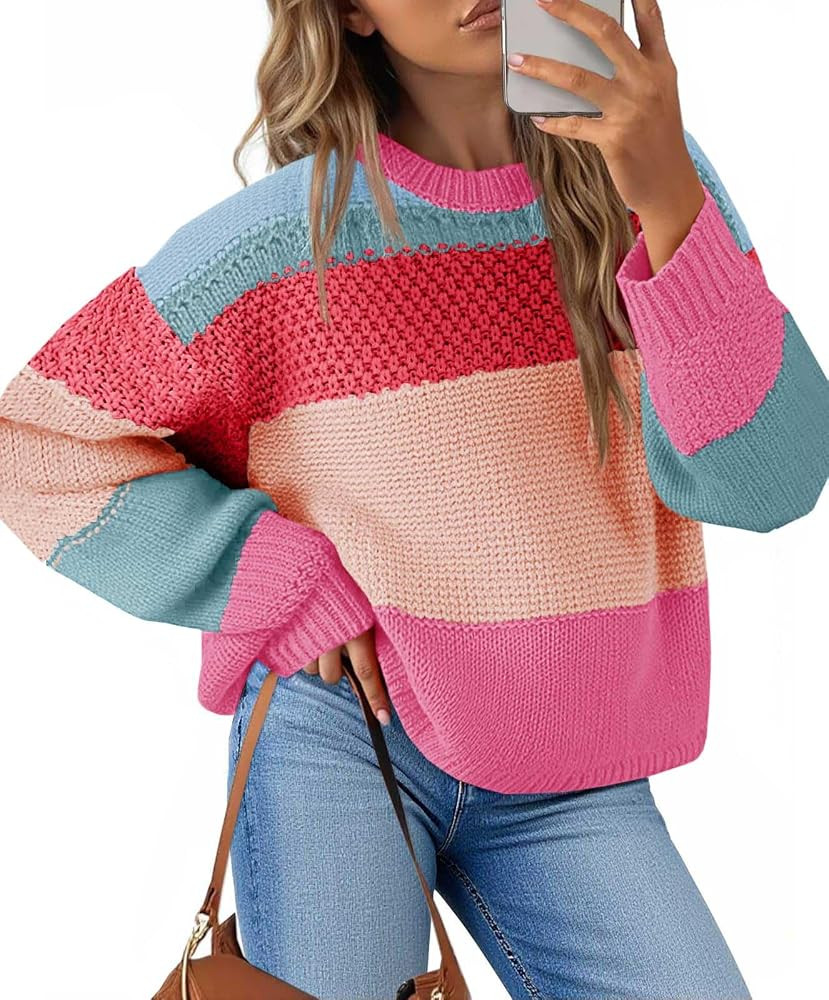 Saodimallsu Womens Color Block Cropped Sweaters 2025 Winter Trendy Casual Oversized Y2k Going Out... | Amazon (US)