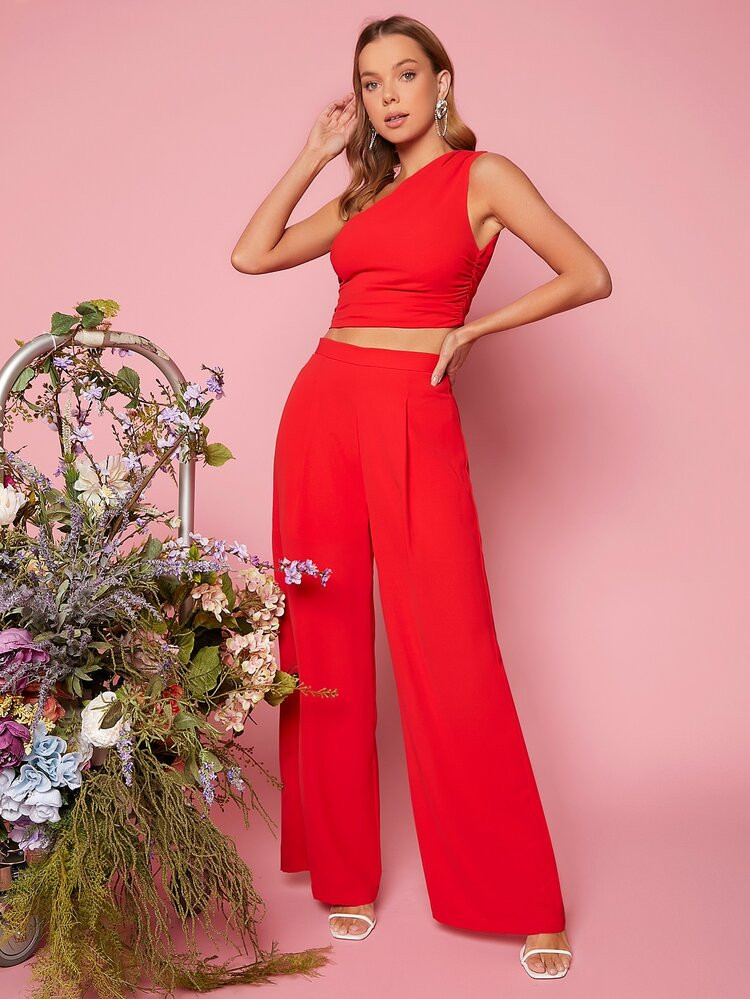 SHEIN One Shoulder Crop Top & Wide Leg Pants | SHEIN