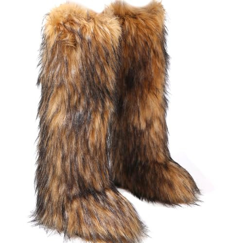 Valpeak Womens Faux Fur Boot Winter Fluffy Long Furry Boots for Girls Outdoor Fuzzy Knee-High Boots(Brown,7) | Amazon (US)