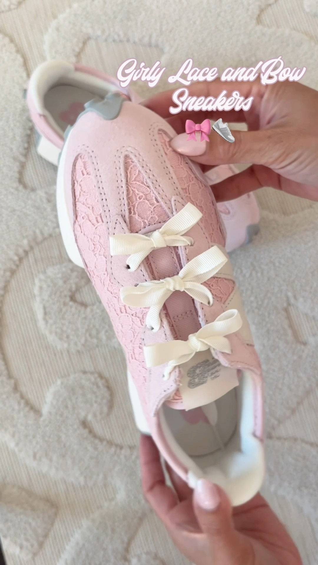 pink lace sneakers with bows 

sneakers come with 2 sets of long laces - the other one is satin 

#LTKShoeCrush #LTKFindsUnder100 #LTKStyleTip