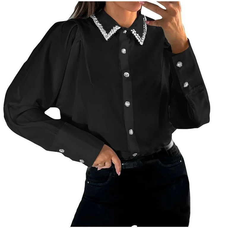 UYISJ Women's Puff Long Sleeve Button Down Shirts Lapel V Neck Rhinestone Collar Work Blouses Bus... | Walmart (US)