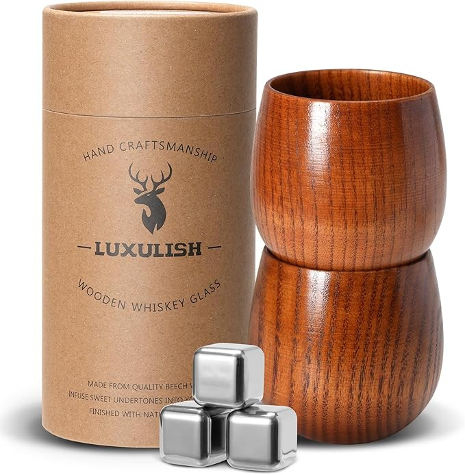 LUXULISH Wooden Bourbon Glass, Include 3 Stainless Steel Ice Cubes, The Original Wood Bourbon Dri... | Amazon (US)