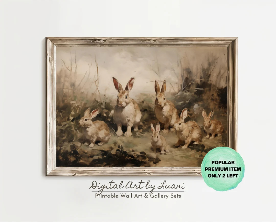 Easter Bunny Art Print Spring Rabbit Family Painting Whimsical Bunny Wall Art Rustic Nursery Deco... | Etsy (US)