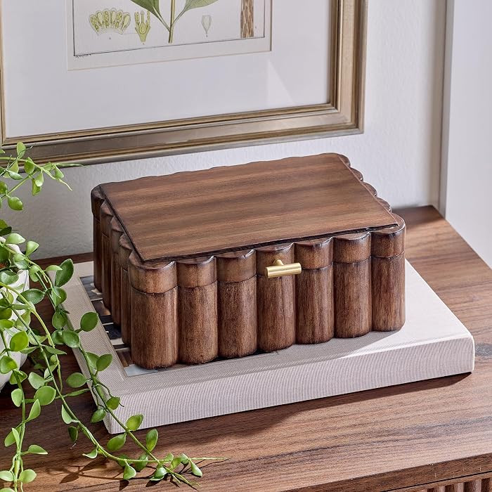 Scalloped Wooden Jewelry Box, Trinket Organizer with Lid, Decorative Storage for Rings, Earrings, Keepsakes, Nightstand or Dresser Display, Natural Wood Finish | Amazon (US)