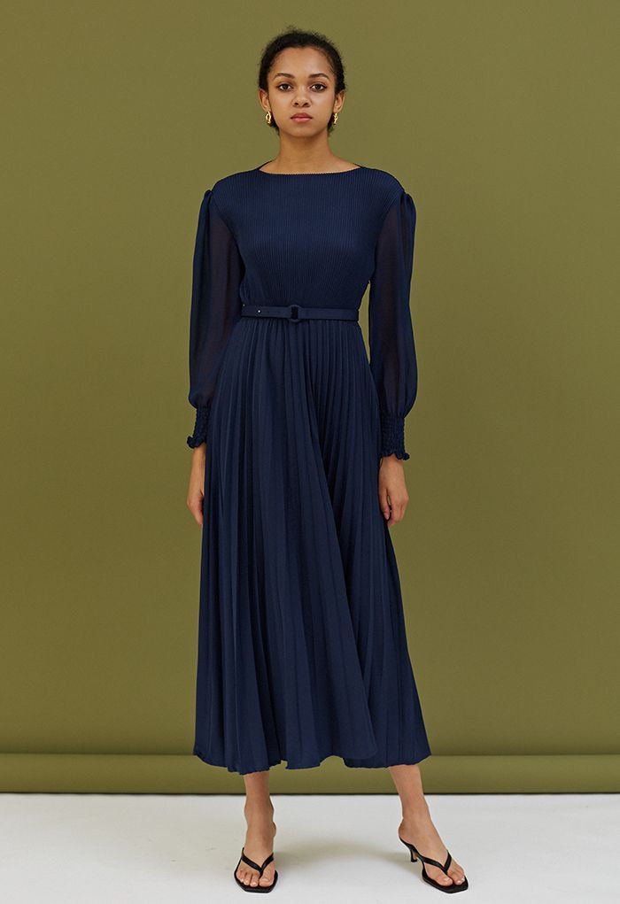 Full Pleated Belted Maxi Dress in Navy | Chicwish