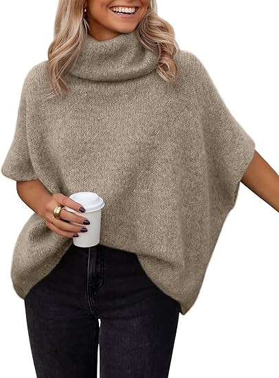 LILLUSORY Women's Mock Turtleneck Oversized Sweaters Cozy Short Batwing Sleeves Tops Fall Winter ... | Amazon (US)