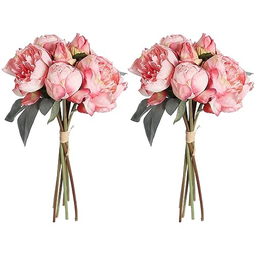 ICBOX Pink Peonies Artificial Flowers 2 Bouquets Vintage Fake Peonies 14pcs Heads Silk Flowers with Stems for Wedding Decoration Bride Bouquet Faux Flowers Crafts Floral Arrangement (Pink) | Amazon (US)