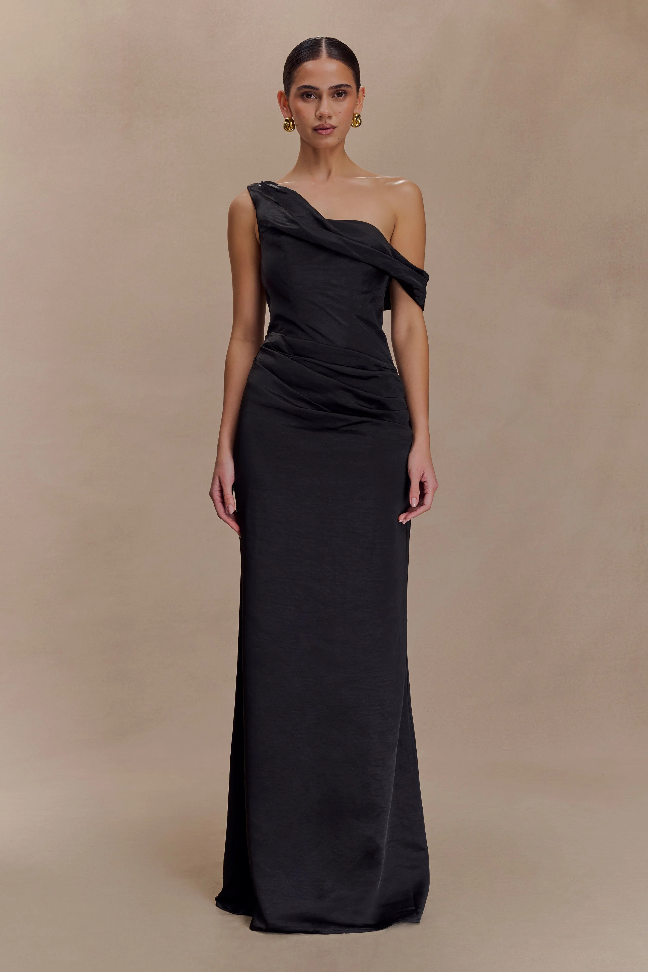 Off Shoulder Satin Maxi Dress - Black | MESHKI US
