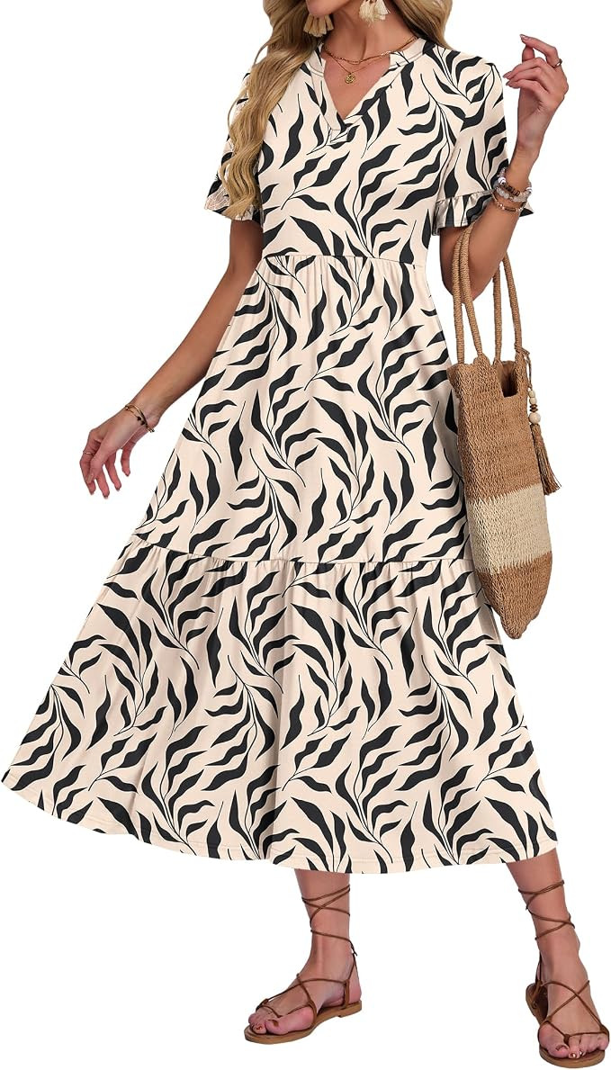 AUSELILY Sommerkleid Damen Lang V Ausschnitt Maxikleider Damen Sommer | Rüschen Kurzarm Strandkl... | Amazon (DE)