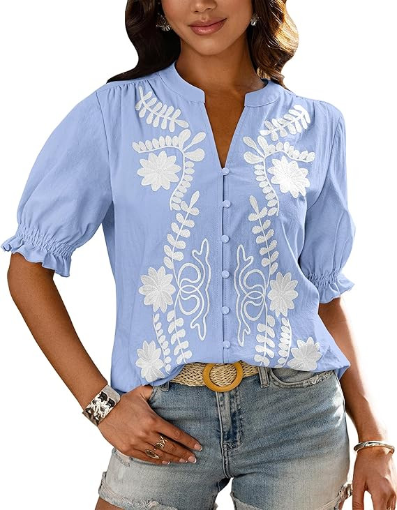 BTFBM Women's 2026 Summer Tops Casual Floral Boho V Neck Puff Short Sleeve Button Down Shirts Emb... | Amazon (US)