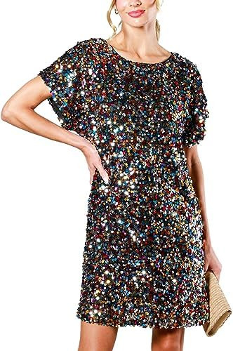 Women's Crewneck Sequin Shift Dress Short Sleeve Casual Holiday Sparkly Party Dress | Amazon (US)