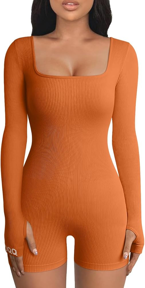 OQQ Women’s Yoga Rompers Workout Ribbed Long Sleeve Square Neck Sport Jumpsuits Rompers | Amazon (US)